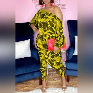 Camouflage Fashion Casual Print Asymmetrical Oblique Collar Three Quarter 2pc